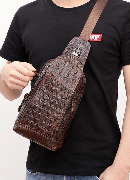 DEEPKEE original nubuck handmade full-grain genuine leather cowhide bag Deepkee Leather Crocodile Texture Cowhide Sling Bag #1313