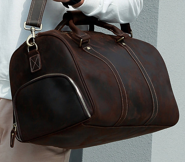 DEEPKEE original nubuck handmade full-grain genuine leather cowhide bag The Duffel Luggage Bag #6482 Our Men's Leather Duffle Bag with Shoe Compartment.