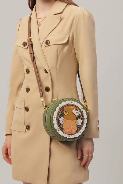 DEEPKEE original nubuck handmade full-grain genuine leather cowhide bag DEEPKEE HANDMADE LEATHER Miss Gail Luxury OOTD Round Crossbody Bag #G1144