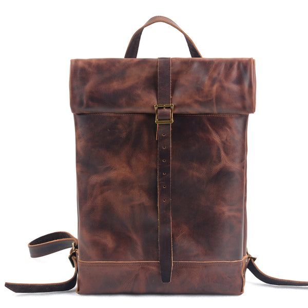 DEEPKEE original nubuck handmade full-grain genuine leather cowhide bag Deepkee Handmade Leather Outdoor Roll-Top Backpack #5141