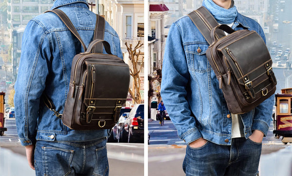 DEEPKEE original nubuck handmade full-grain genuine leather cowhide bag Alfred Leather Satchel Backpack No.1038