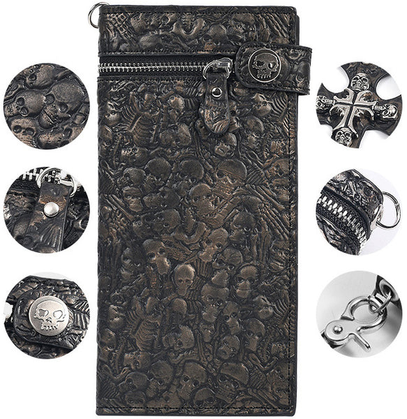 DEEPKEE original nubuck handmade full-grain genuine leather cowhide bag Studded Punk Religious Skull Wallet #579617