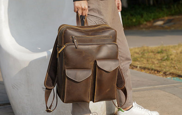 DEEPKEE original nubuck handmade full-grain genuine leather cowhide bag DEEPKEE Handcrafted Leather Commuter Cowhide Backpack #P3594BSD