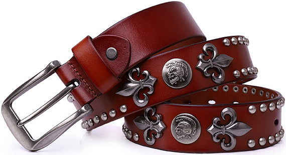 DEEPKEE original nubuck handmade full-grain genuine leather cowhide bag Roman Skull Totem Belt #191012