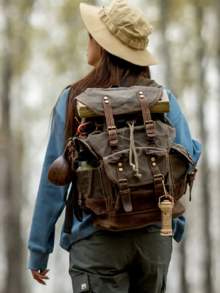 DEEPKEE original nubuck handmade full-grain genuine leather cowhide bag Canvas Spliced Leather Mountaineering Backapck #9508