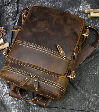 DEEPKEE original nubuck handmade full-grain genuine leather cowhide bag Jacob Offset Cylinder Travel Backpack No8027