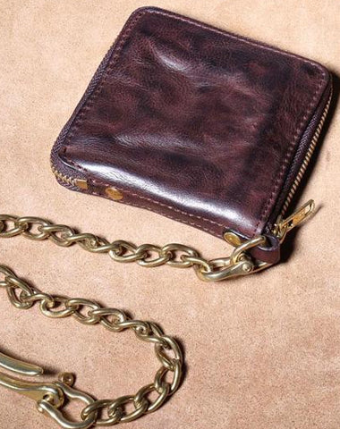 HANDMADE GENUINE LEATHER MENS CHAIN BIKER WALLET COOL ZIPPER LEATHER WALLET BIFOLD SHORT WALLETS