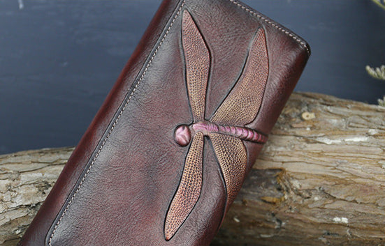 DEEPKEE original nubuck handmade full-grain genuine leather cowhide bag Deepkee Leather Carving Dragonflies Wallet #9630