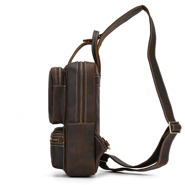 DEEPKEE original nubuck handmade full-grain genuine leather cowhide bag Leather Mens Cool Sling Bag Crossbody Bag Chest Bag for men #9456