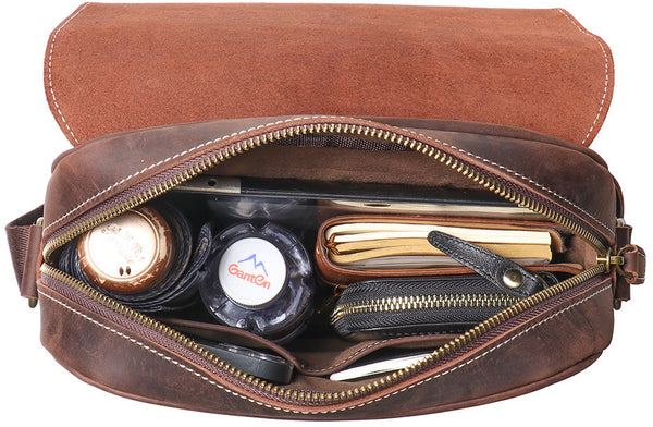 DEEPKEE original nubuck handmade full-grain genuine leather cowhide bag Best DEEPKEE Brown Leather Vertical Side Bag Courier Bag Messenger Bag 30023