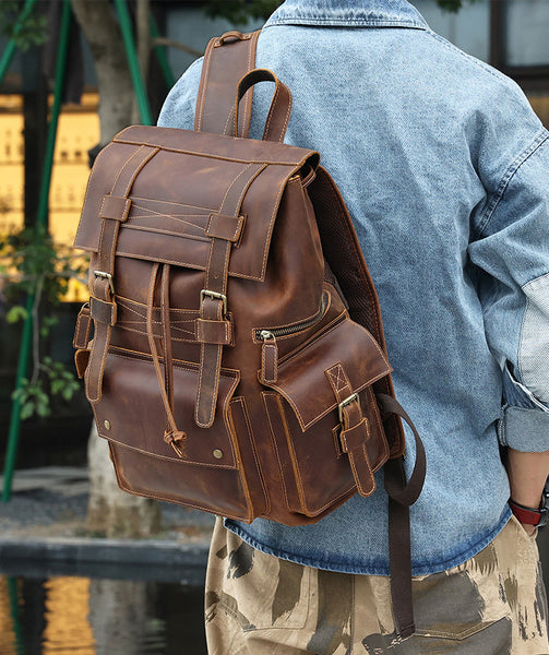 DEEPKEE original nubuck handmade full-grain genuine leather cowhide bag The Drawstring Backpack #6584