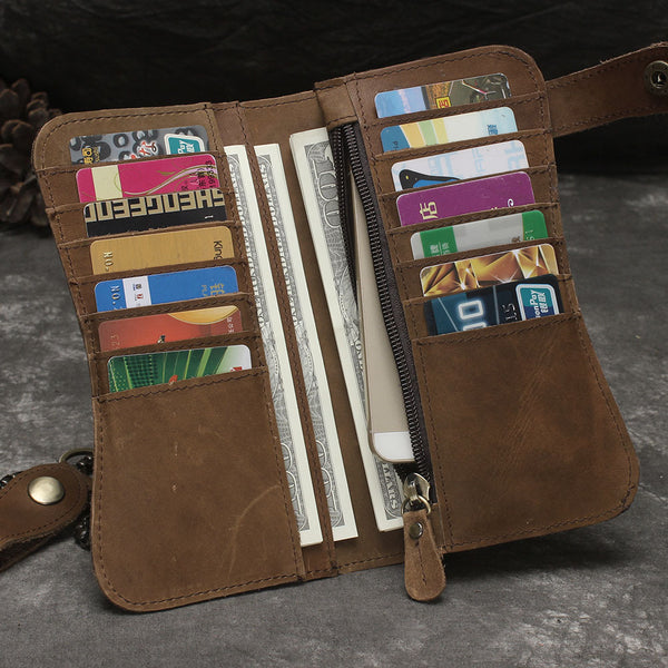 DEEPKEE original nubuck handmade full-grain genuine leather cowhide bag Deepkee Genuine Leather Bifold Wallet Organizer Checkbook Iron Chain #LD052