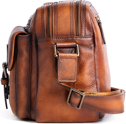 DEEPKEE original nubuck handmade full-grain genuine leather cowhide bag Vegetable Tanned full-grain Leather Crossbody Casual Bag, Hand Colored. 13669