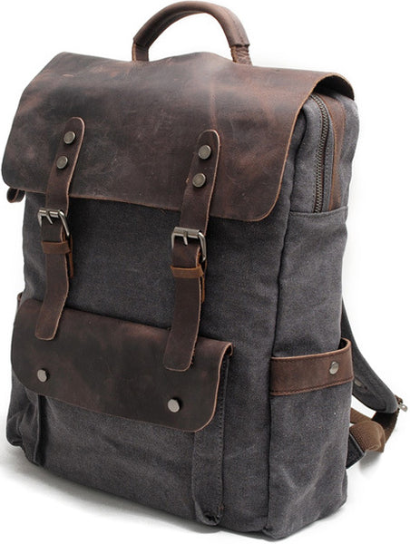 DEEPKEE original nubuck handmade full-grain genuine leather cowhide bag Vintage Waxed Canvas Backpack, Waterproof Rucksack # 8064K_1
