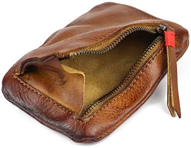 DEEPKEE original nubuck handmade full-grain genuine leather cowhide bag Vintage Slim Tan Leather Coin Wallet Zipper Coin Holder #SG121