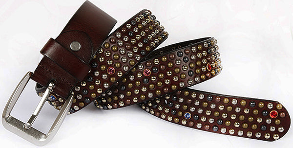 DEEPKEE original nubuck handmade full-grain genuine leather cowhide bag Small mushroom shaped glass nail rivet strip belt #211227