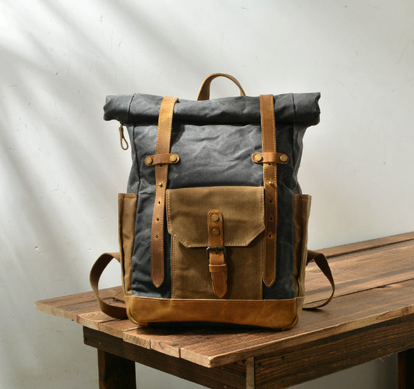 DEEPKEE original nubuck handmade full-grain genuine leather cowhide bag Classic Oil-Wax Canvas Drawstring Backpack #6105Z