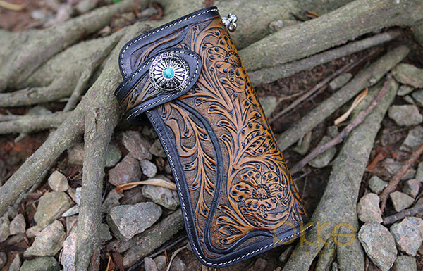 DEEPKEE original nubuck handmade full-grain genuine leather cowhide bag Deepkee Handmade Tooled Leather Floral Biker Wallet Chain 81665