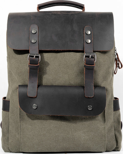 DEEPKEE original nubuck handmade full-grain genuine leather cowhide bag Vintage Waxed Canvas Backpack, Waterproof Rucksack # 8064K_1