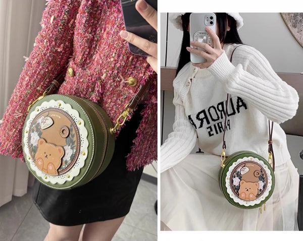 DEEPKEE original nubuck handmade full-grain genuine leather cowhide bag DEEPKEE HANDMADE LEATHER Miss Gail Luxury OOTD Round Crossbody Bag #G1144