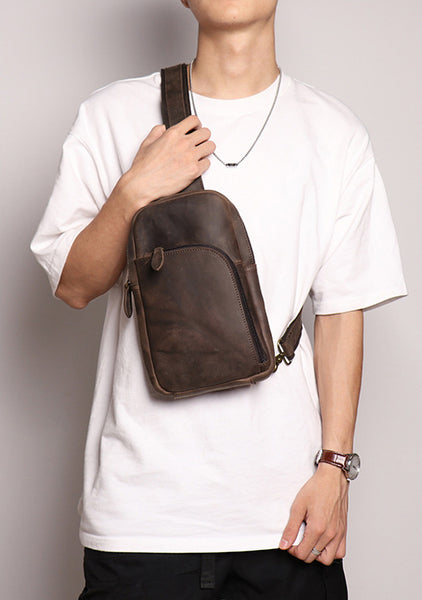 DEEPKEE original nubuck handmade full-grain genuine leather cowhide bag Baldwin Unisex Sling Bag No.30011