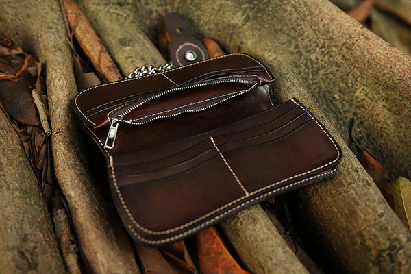 DEEPKEE original nubuck handmade full-grain genuine leather cowhide bag Handmade Black Leather Men's Long Biker Wallet Chain Wallet Long Biker Chain Wallet