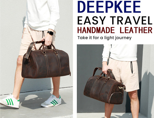 DEEPKEE original nubuck handmade full-grain genuine leather cowhide bag The Duffel Luggage Bag #6482 Our Men's Leather Duffle Bag with Shoe Compartment.