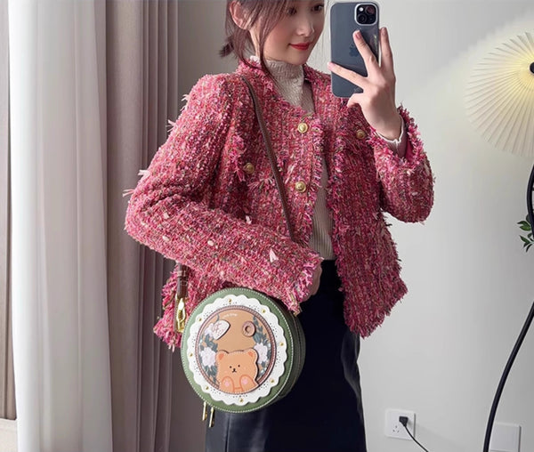 DEEPKEE original nubuck handmade full-grain genuine leather cowhide bag DEEPKEE HANDMADE LEATHER Miss Gail Luxury OOTD Round Crossbody Bag #G1144