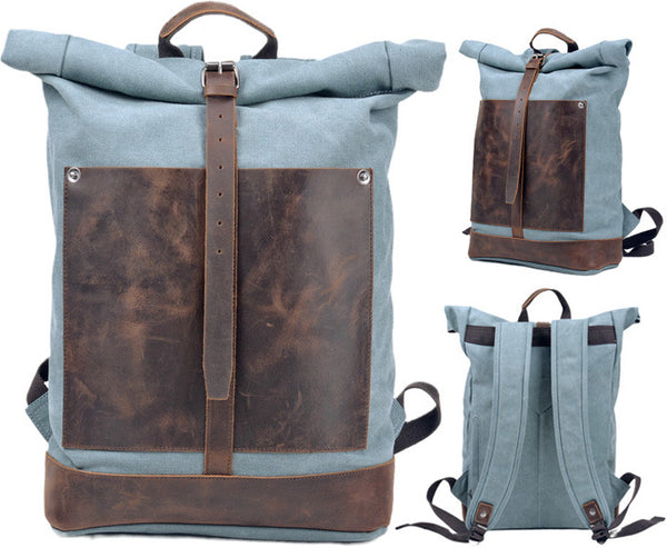 DEEPKEE original nubuck handmade full-grain genuine leather cowhide bag Deepkee®handmade Canvas&leather Roll Top Expansion Backpack No.5118