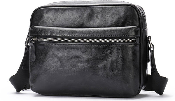 DEEPKEE original nubuck handmade full-grain genuine leather cowhide bag Black Cool Leather 10 inches Large Zipper Messenger Bag Handbag Shoulder Bag For Men