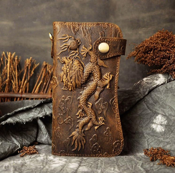 DEEPKEE original nubuck handmade full-grain genuine leather cowhide bag Deepkee Genuine Leather Bifold Wallet Organizer Checkbook Iron Chain #LD052