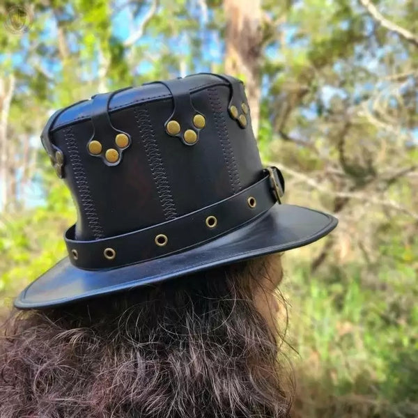 DEEPKEE original nubuck handmade full-grain genuine leather cowhide bag Black Dapper Steampunk Hat #HG144