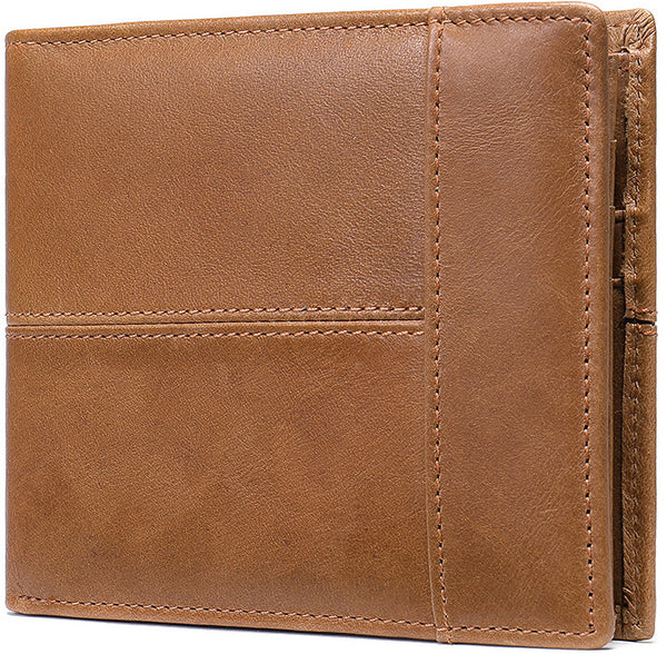 This is DEEPKEE original nubuck handmade full-grain genuine leather cowhide bag BIFOLD COMPACT WALLET NO.8064 Light Brown