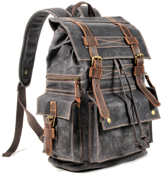 DEEPKEE original nubuck handmade full-grain genuine leather cowhide bag Waxed Canvas Travel Hiking Backpack # 9504