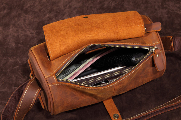 DEEPKEE original nubuck handmade full-grain genuine leather cowhide bag Vintage Leather Cylindricity Crossbody Bags No.SF061