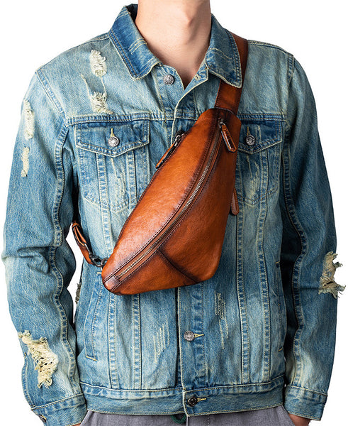 DEEPKEE original nubuck handmade full-grain genuine leather cowhide bag Leather Streamline Sling Bag #12045