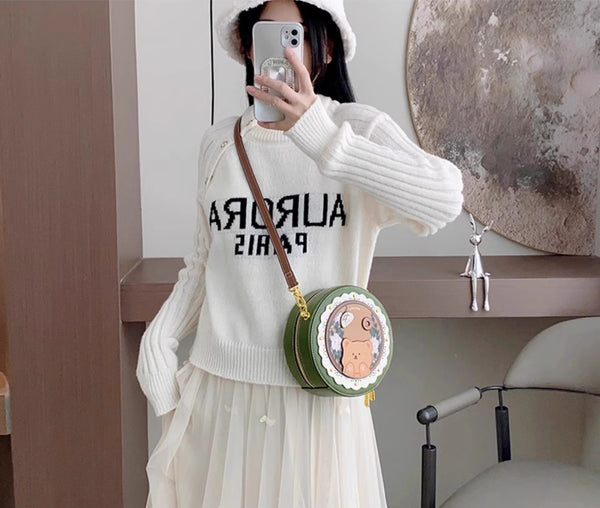 DEEPKEE original nubuck handmade full-grain genuine leather cowhide bag DEEPKEE HANDMADE LEATHER Miss Gail Luxury OOTD Round Crossbody Bag #G1144