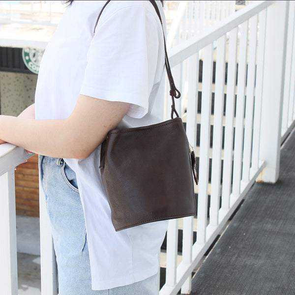 DEEPKEE original nubuck handmade full-grain genuine leather cowhide bag Vegetable Tanned Cowhide Leather Tote Bucket Bag #KM-019