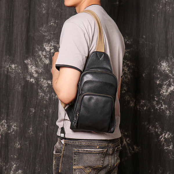 DEEPKEE original nubuck handmade full-grain genuine leather cowhide bag Men's Leather Casual Sling Bag with Canvas Strap No.4011