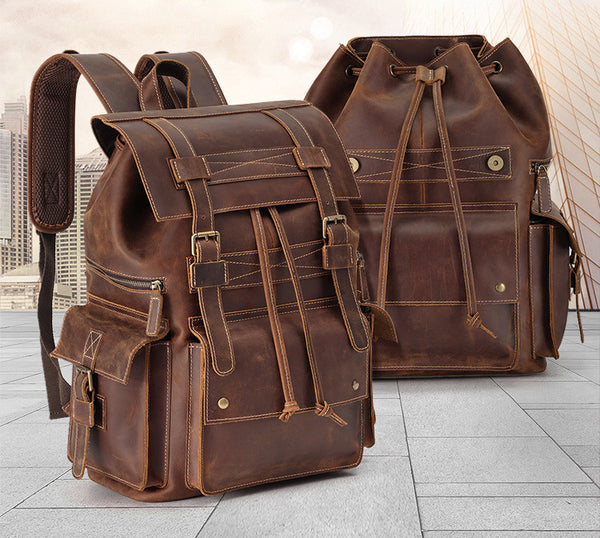 DEEPKEE original nubuck handmade full-grain genuine leather cowhide bag The Drawstring Backpack #6584