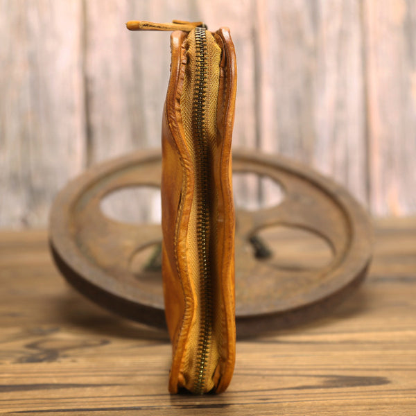 DEEPKEE original nubuck handmade full-grain genuine leather cowhide bag Handmade Leather Mens Long Chain Wallet Bifold Biker Wallet Zipper Clutch Wallet for Men #SG012