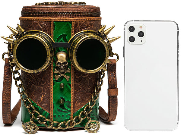 DEEPKEE original nubuck handmade full-grain genuine leather cowhide bag Deepkee Exquisite Goggles Skull Cowhide Bucket Bag #G199B