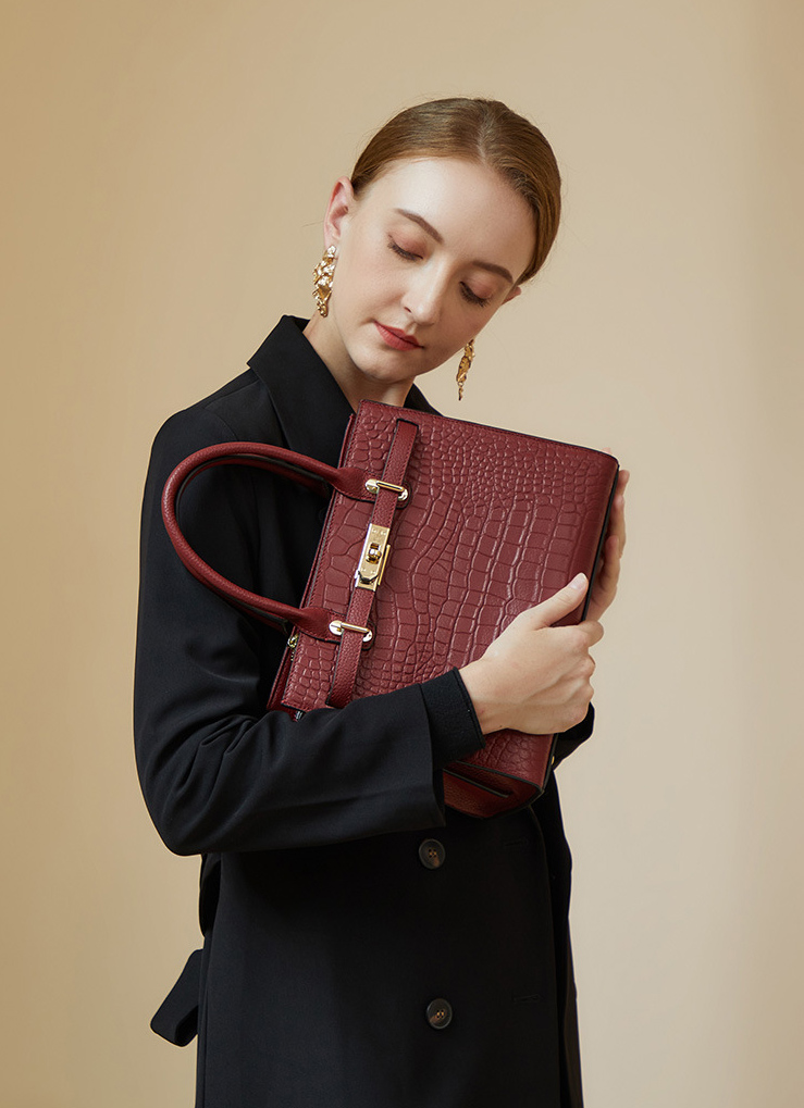 DEEPKEE original nubuck handmade full-grain genuine leather cowhide bag DEEPKEE-大氣格紋手提包 688#號