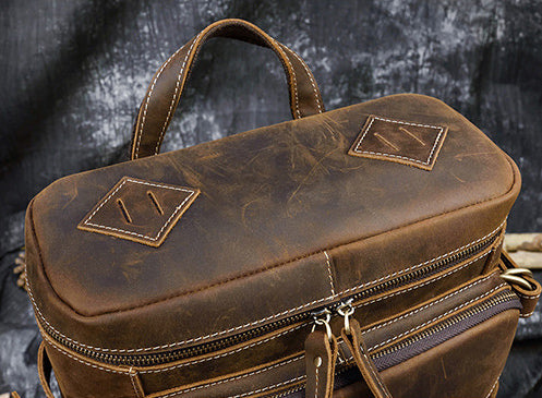 DEEPKEE original nubuck handmade full-grain genuine leather cowhide bag Jacob Offset Cylinder Travel Backpack No8027