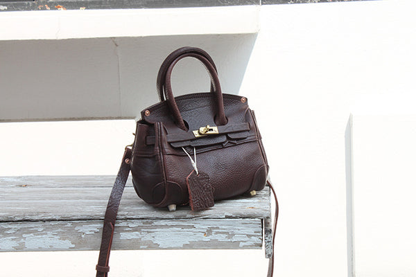 DEEPKEE original nubuck handmade full-grain genuine leather cowhide bag Handmade Faux Birkin 20 Black Leather Gold Hardware #KM-61117