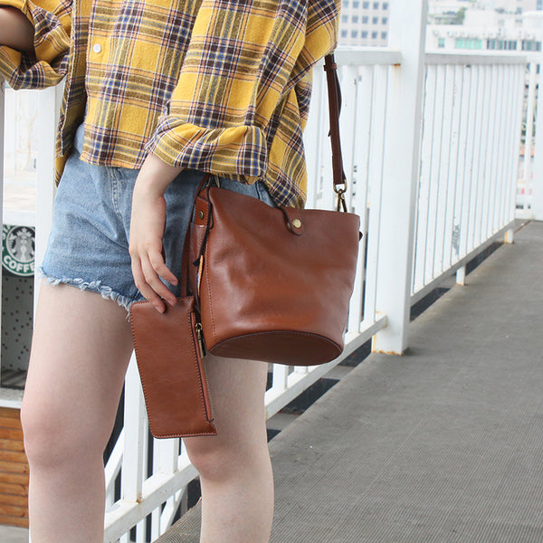 DEEPKEE original nubuck handmade full-grain genuine leather cowhide bag Leather Bucket Bag #59111