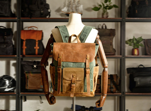 DEEPKEE original nubuck handmade full-grain genuine leather cowhide bag Deepkee Waxed Canvas Oiled Leather Backpack #5016