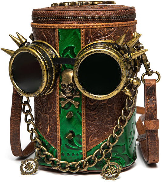 DEEPKEE original nubuck handmade full-grain genuine leather cowhide bag Deepkee Exquisite Goggles Skull Cowhide Bucket Bag #G199B