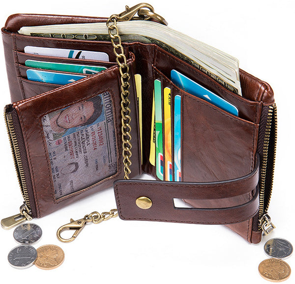 DEEPKEE original nubuck handmade full-grain genuine leather cowhide bag DEEPKEE Leather Bifold Chain Wallet 7515