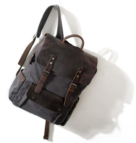 DEEPKEE original nubuck handmade full-grain genuine leather cowhide bag Vintage Waxed Canvas Backpack, Waterproof Rucksack # 8064K_1